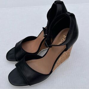 Elorie Leather Piper Two-Piece Cork Tread Wedge size 8 black like new
